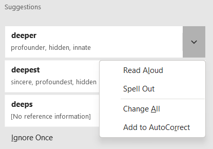 Context menu for one of the suggested spelling corrections in the Editor panel.
